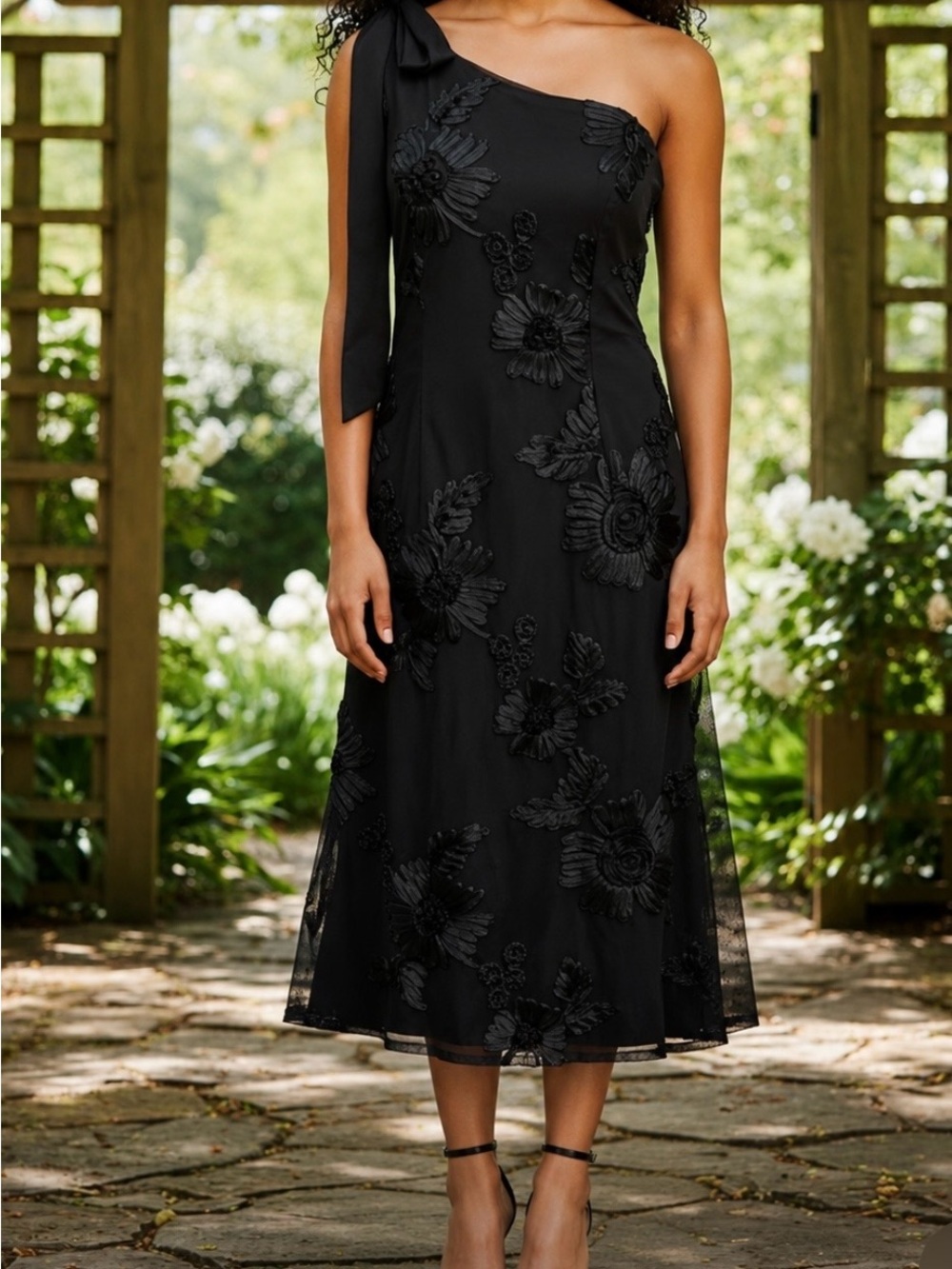 Tea Length Black Floral Design Dress
